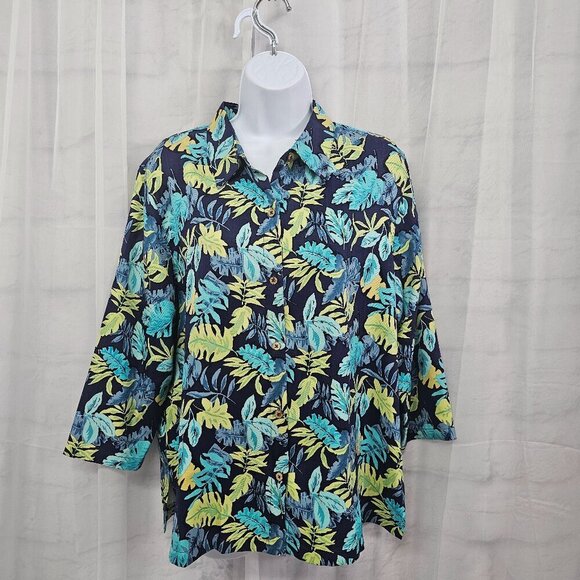 Coldwater Creek Blue Green Tropical Silk Button Down Blouse Beach PL - Picture 1 of 10